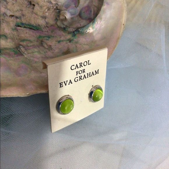 Vintage Carol For Eva Graham Stud Pierced Earrings Silver & Green Round - Picture 8 of 13